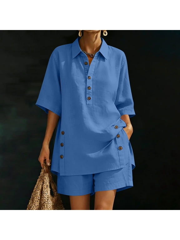 Women's Two Piece Outfit, Linen Blend Notch Collar Button Top and Elastic Waist Shorts Set with Pockets Navy,Women's Plus XXXL