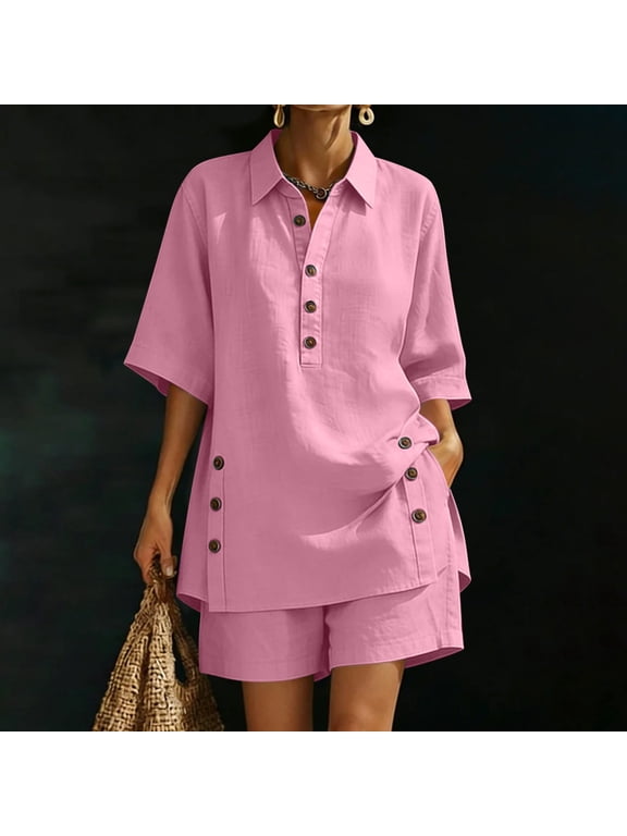 Women's Two Piece Outfit, Linen Blend Notch Collar Button Top and Elastic Waist Shorts Set with Pockets Pink,Women's Plus XXXL