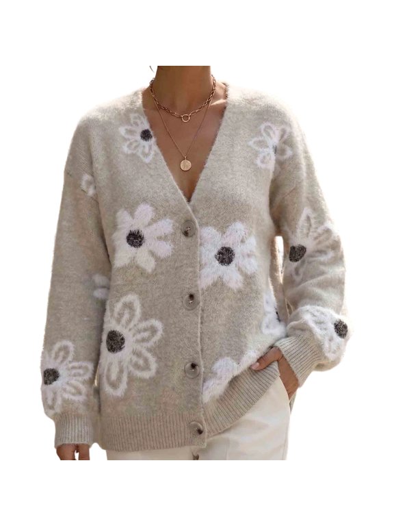 Women’s V Neck Floral Print Cardigan Long Sleeve Button Front Open Knit Cardigan Casual Layering Jacket,Sizes S-5XL