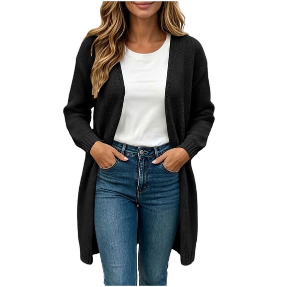 Binmer Women’s V Neck Open Front Long Knit Cardigan Long Sleeve Casual Mid Length Outerwear,Sizes S-2XL