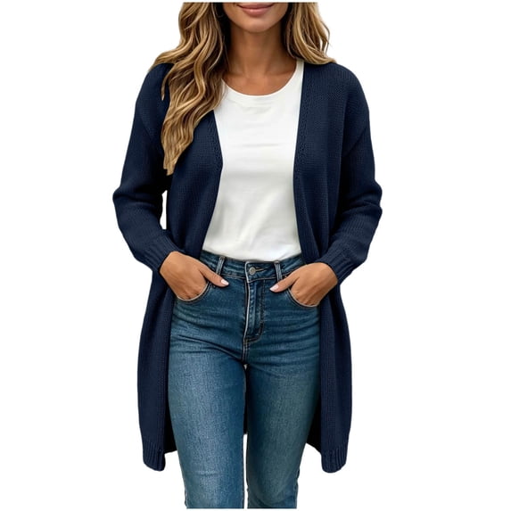 Binmer Women’s V Neck Open Front Long Knit Cardigan Long Sleeve Casual Mid Length Outerwear,Sizes S-2XL