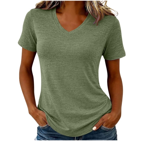 ClodeEU Women's V Neck Short Sleeve T-Shirt,Casual Soft Solid Tee Top Army Green,Women's Plus L