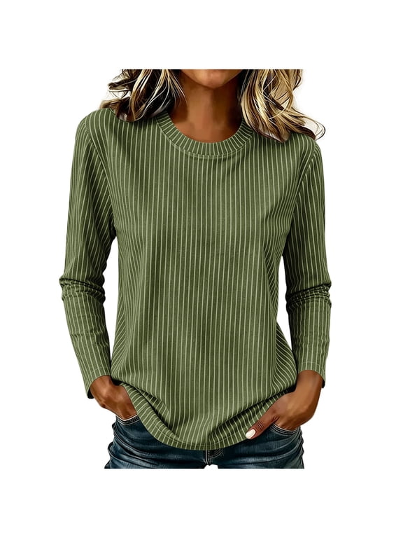 Women’s Vertical‑Stripe Crew Neck Long Sleeve Top,Loose Fit Basic T‑shirt, Solid Color Long Sleeve Blouse,Sizes S-5XL