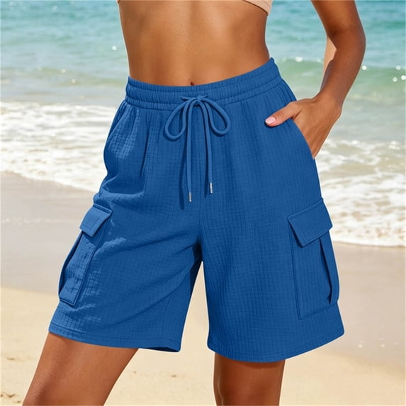 Binmer Women's Waffle Knit Drawstring Elastic Waist Shorts with Pockets ,Solid Color Casual Summer Short Blue,Women's Plus XXL
