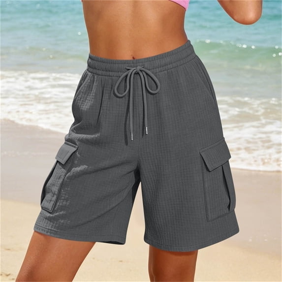 Binmer Women's Waffle Knit Drawstring Elastic Waist Shorts with Pockets ,Solid Color Casual Summer Short Gray,Women's Plus S