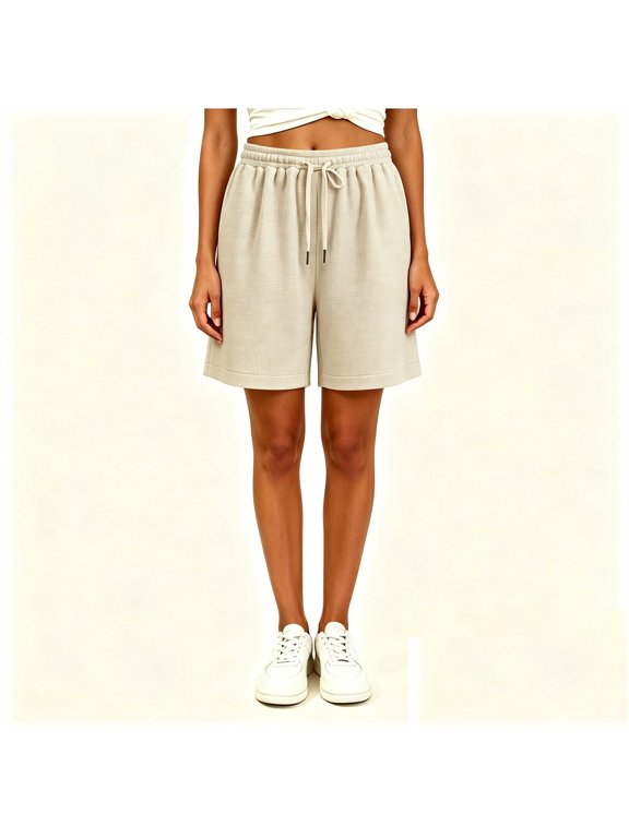 Women’s Waffle Knit Drawstring Loungewear Shorts with Pockets, Womens and Women's Beige,Size M-5XL