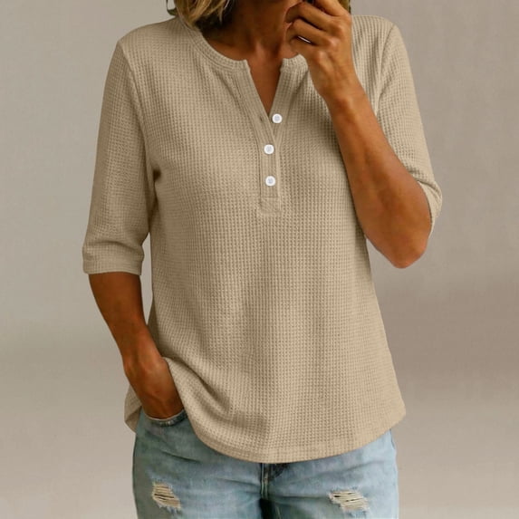 ClodeEU Women's Waffle Knit Henley V Neck Button Elbow Sleeve Top,Casual Loose Blouse Beige,Women's Plus XL