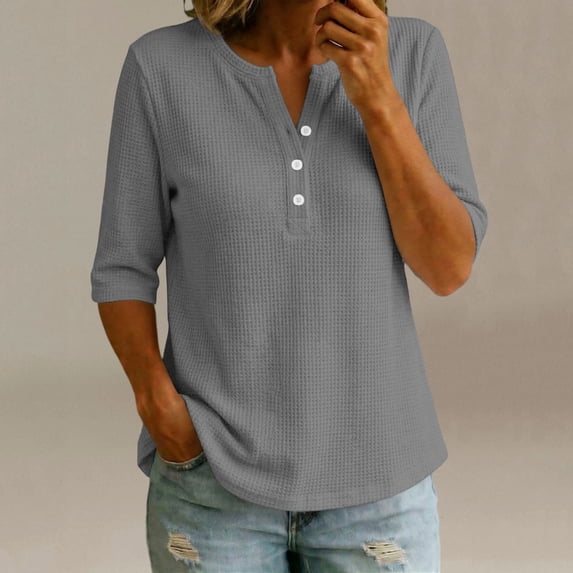 ClodeEU Women's Waffle Knit Henley V Neck Button Elbow Sleeve Top,Casual Loose Blouse Gray,Women's Plus XL