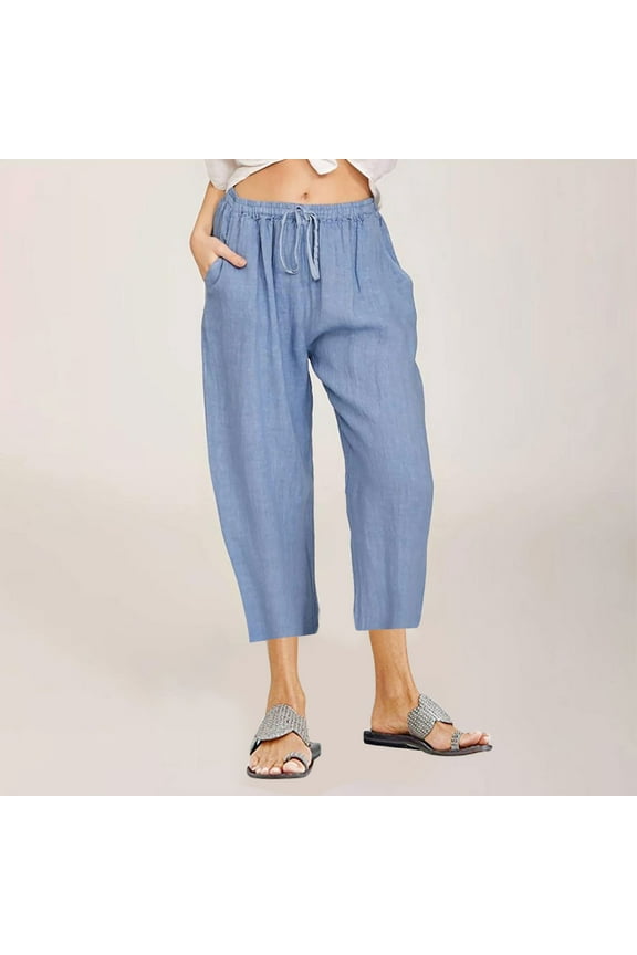 Womens Capris Plus Size with Pockets Women Casual Solid Cotton Linen Drawstring Elastic Waist Wide Leg Pants Cropped Trousers