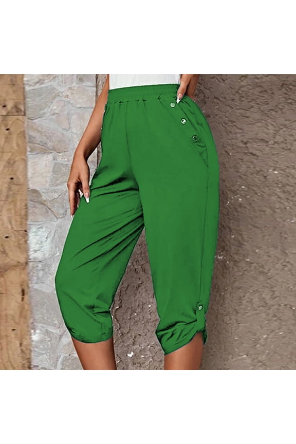 Womens Capris Plus Size with Pockets Women's Fashion Casual Loose Soft Solid Color Mid Waist Thin Lace Up Pants