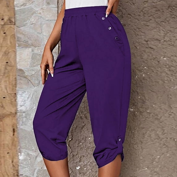 Binmer Womens Capris Plus Size with Pockets Women's Fashion Casual Loose Soft Solid Color Mid Waist Thin Lace Up Pants