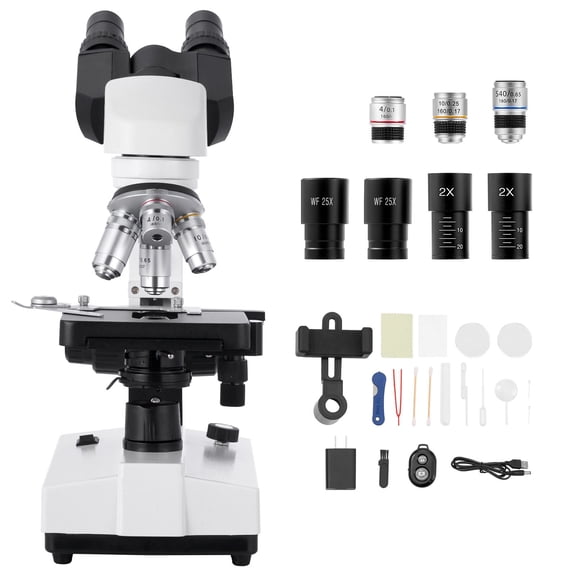 Binocular Microscope 40-5000X Professional Compound Microscope Dual Stage Aluminum LED Phone for Lab Home Water Quality Testing