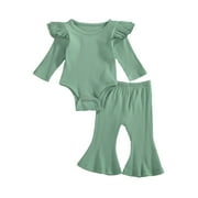 Binpure Baby Girls 2PCS Romper Set, Solid Color Ruffle Long Sleeve Round Neck Button Closure Romper, Elastic Band Bell-Bottom Long Pants