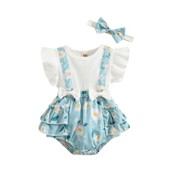 Binpure Girls Summer 2Pcs Outfit Sets Flying Sleeve Floral/Leopard Print Patchwork Romper + Headband