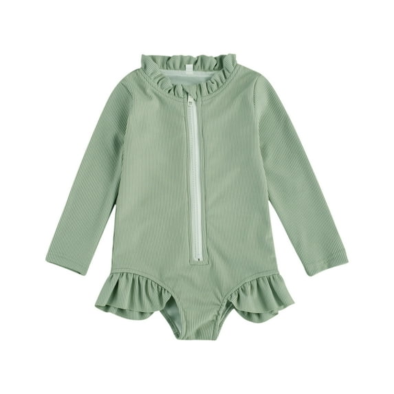 Binpure Infant Girl Solid Color Ruffle Zipper Rash Guard Swimwear Bathing Suit