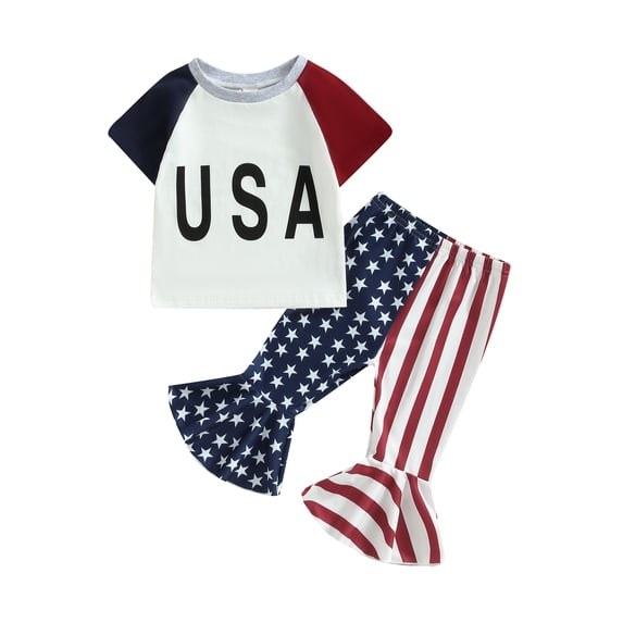 Binpure Kid Girls Summer Pants Sets, Short Sleeve Crew Neck Letters Print T-shirt with Stars Stripes Print Flare Pants