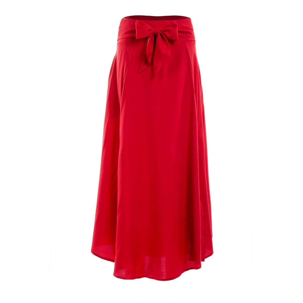 Womens High Waist Flared Pleated Long Skirt Sweet Bow Solid Color