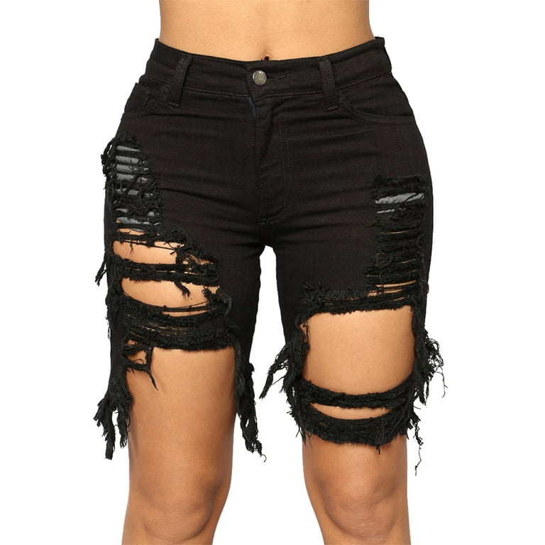 Women's high waist ripped hole hot sale washed distressed denim shorts jeans