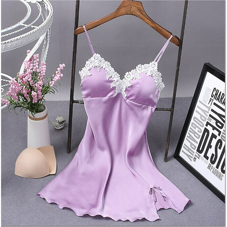 Binpure Women V-neck Silk Lingerie Night Mini Nightgown Sleepwear Dress