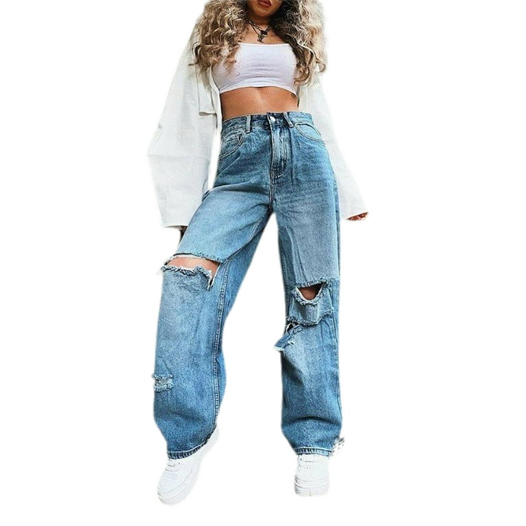 LAGKQS Work Jeans High Waisted Jeans for Teens Ripped Solid Color