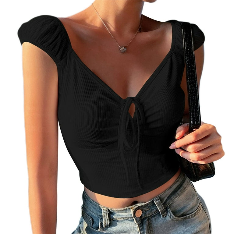 Open Shoulder V Neck Hollow Out Plain T-Shirts Open Shoulder V Neck Hollow Out Plain T-Shirts