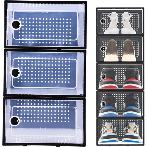 Bins & Things Black Shoe Storage Organizer for Closet - 12 Pack Stackable Sneaker Containers - Clear Plastic Shoe Rack - Boxes for Shoes Organization - Shoe Display Cases with Lids - H14xL33xW23 cm