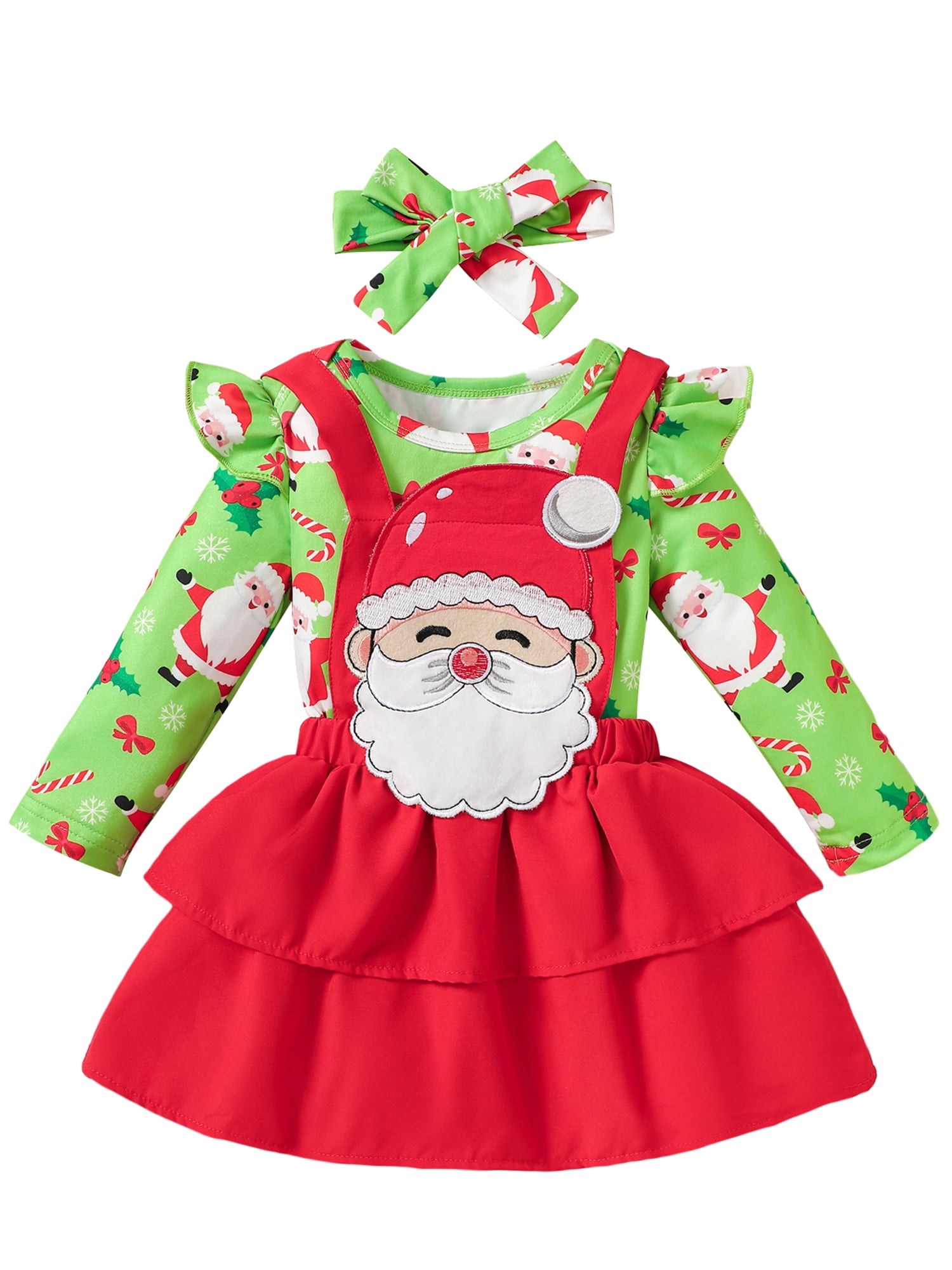 Binshrliy 3Pcs Baby Girls Christmas Outfit Overalls Dress Set Newborn