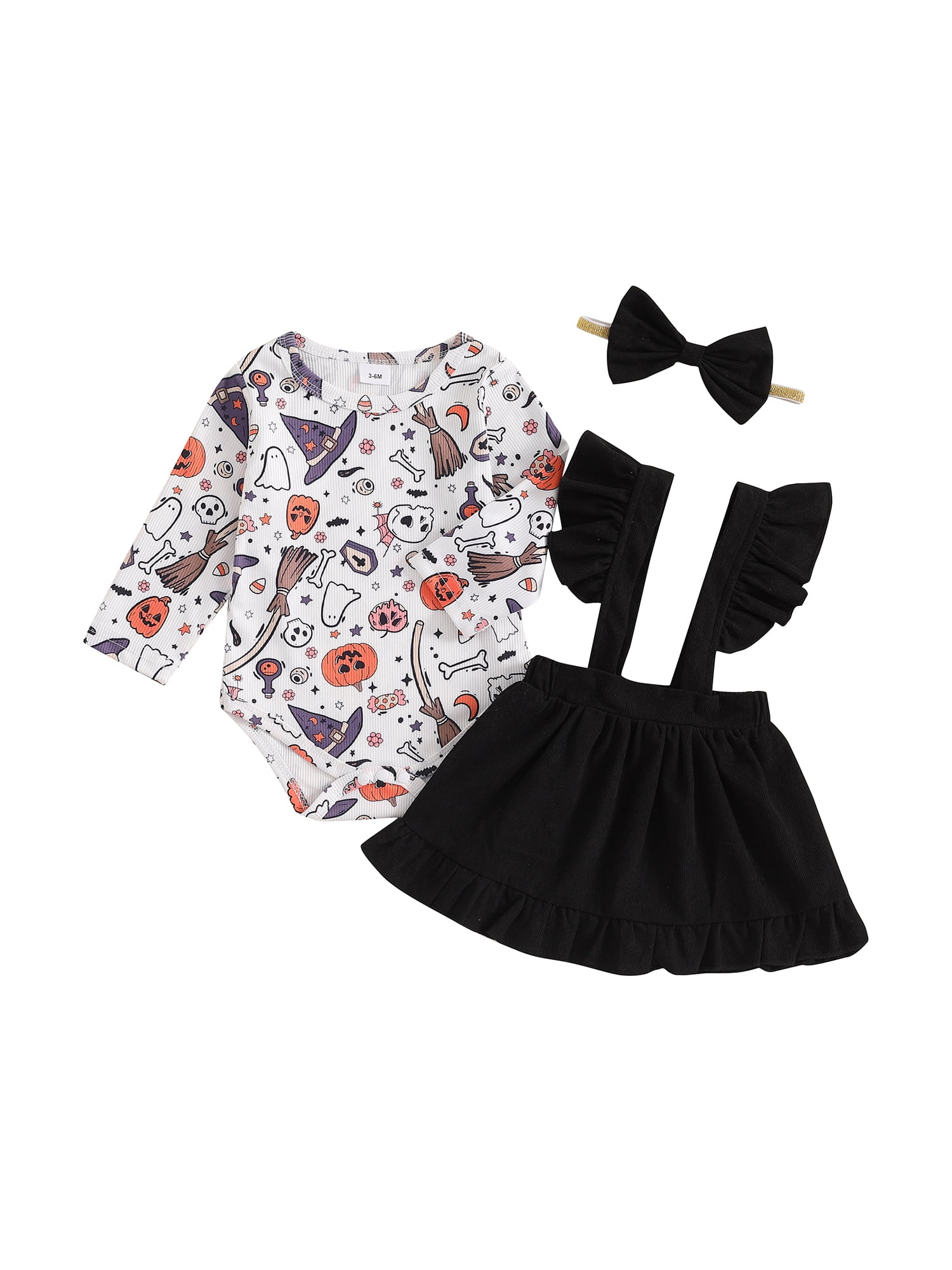 Binshrliy 3Pcs Baby Girls Halloween Outfit Overalls Dress Set Newborn