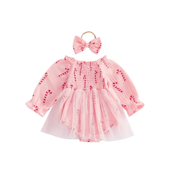 Binshrliy Infant Girls Christmas Princess Dress Clothes 3M 6M 12M 18M Baby Girls Print Long Sleeve Rompers Dress with Headband Autumn Clothing for Newborn Girls