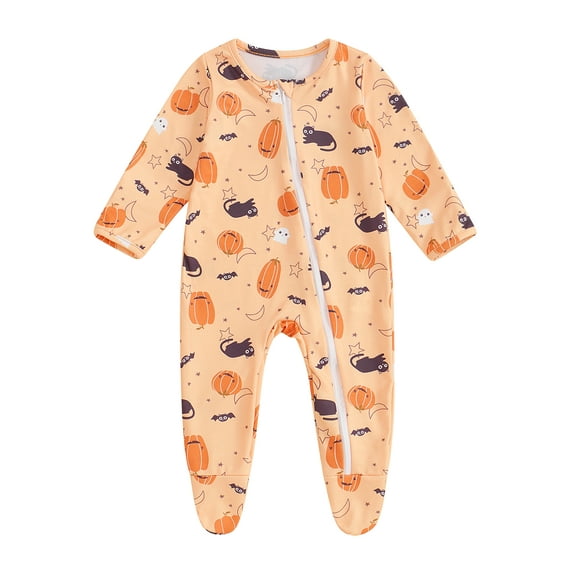 Binshrliy Newborn Baby Boys Girl Halloween Pajamas Pumpkin Long Sleeve Footie Jumpsuits 3M 6M Infant Zipper One Piece Rompers