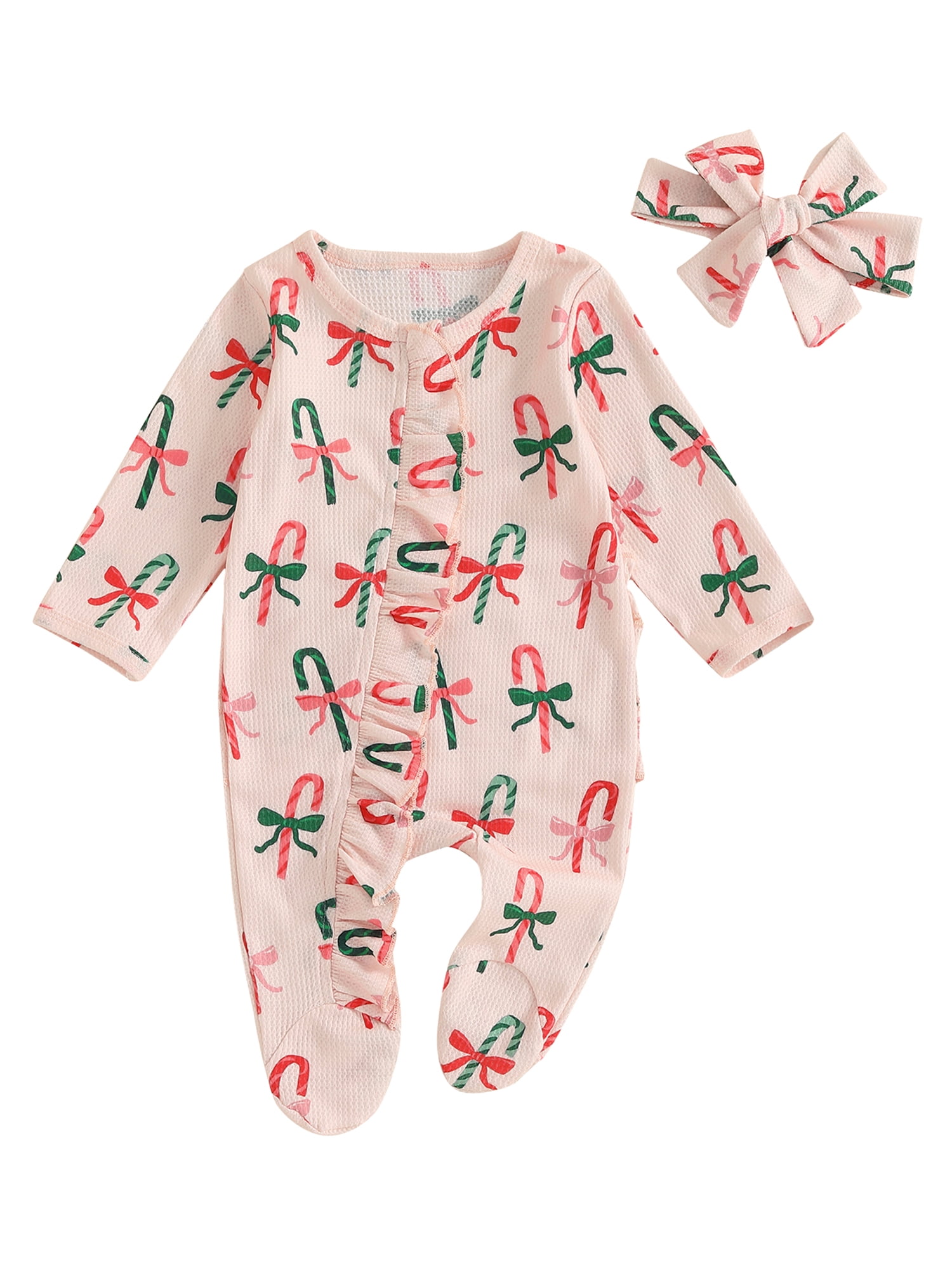 Binshrliy Newborn Baby Girl Christmas Pajamas Print Long Sleeve Footie