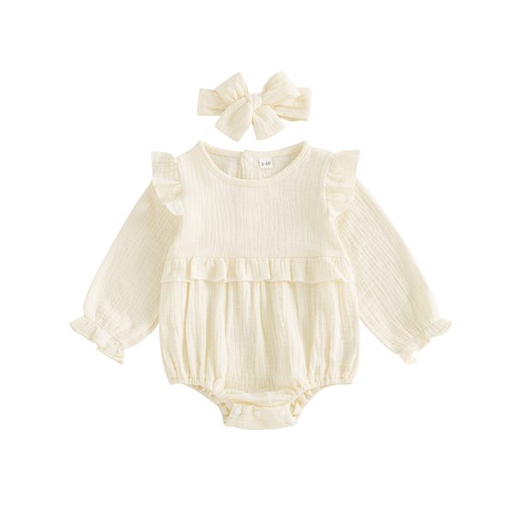 Binshrliy Newborn Baby Girl Fall Rompers Long Sleeve Ruffle Bodysuits + Headband 3M 6M 12M 18M Infant One Piece Jumpsuit