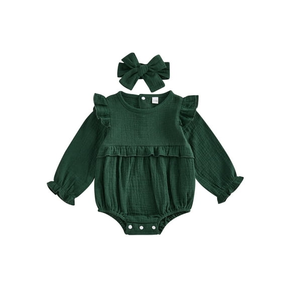 Binshrliy Newborn Baby Girl Fall Rompers Long Sleeve Ruffle Bodysuits + Headband 3M 6M 12M 18M Infant One Piece Jumpsuit