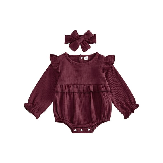 Binshrliy Newborn Baby Girl Fall Rompers Long Sleeve Ruffle Bodysuits + Headband 3M 6M 12M 18M Infant One Piece Jumpsuit
