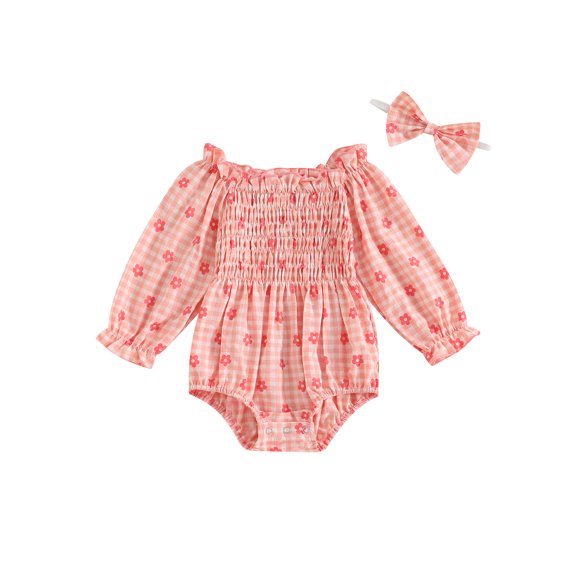 Binshrliy Newborn Baby Girl Rompers Long Sleeve Floral Plaid Print Bodysuits + Headband 3M 6M 12M 18M Infant One Piece Jumpsuit