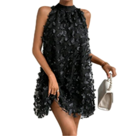 Binshrliy Women Evening Party Dress Butterfly Appliques Mesh Overlay Halter Neck Sleeveless Dress Summer Cocktail Mini Dress