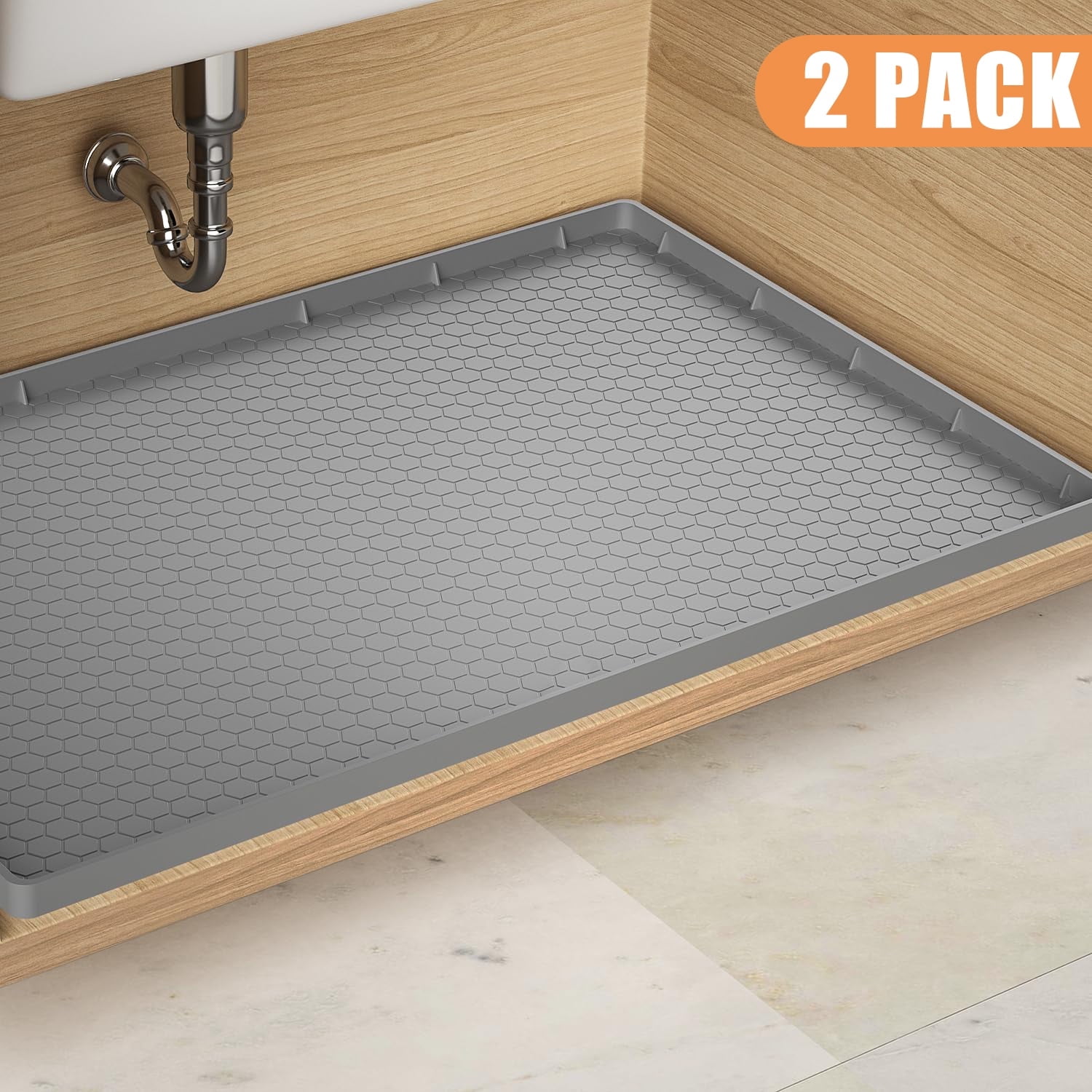 Aertyole 2 Pack Under The Sink Mat, 28" x 22" Waterproof Kitchen Cabinet Mat, Flexible Silicone Under Sink Liner, Kitchen Bathroom Cabinet Mat and Protector for Drips Leaks Spills (Gray)