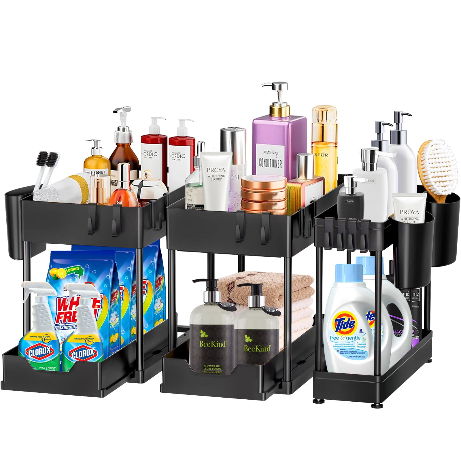 3 Pack Under Sink Organizers and Storage L-Shaped, Binsuca 2 Tier Sliding Bathroom Organizers and Storage with Hooks Hanging Cup, Multi-purpose Cabinet Organizers for Kitchen Bathroom, Black