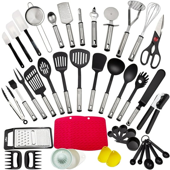 Aertyole Kitchen Utensils Set, 43 PCS Nylon Cooking Utensils Set, Kitchen Spatula Set with Stainless Steel Handles, Heat Resistant Non, Stick Kitchen Gadgets Tools, Pots and Pans Accessories