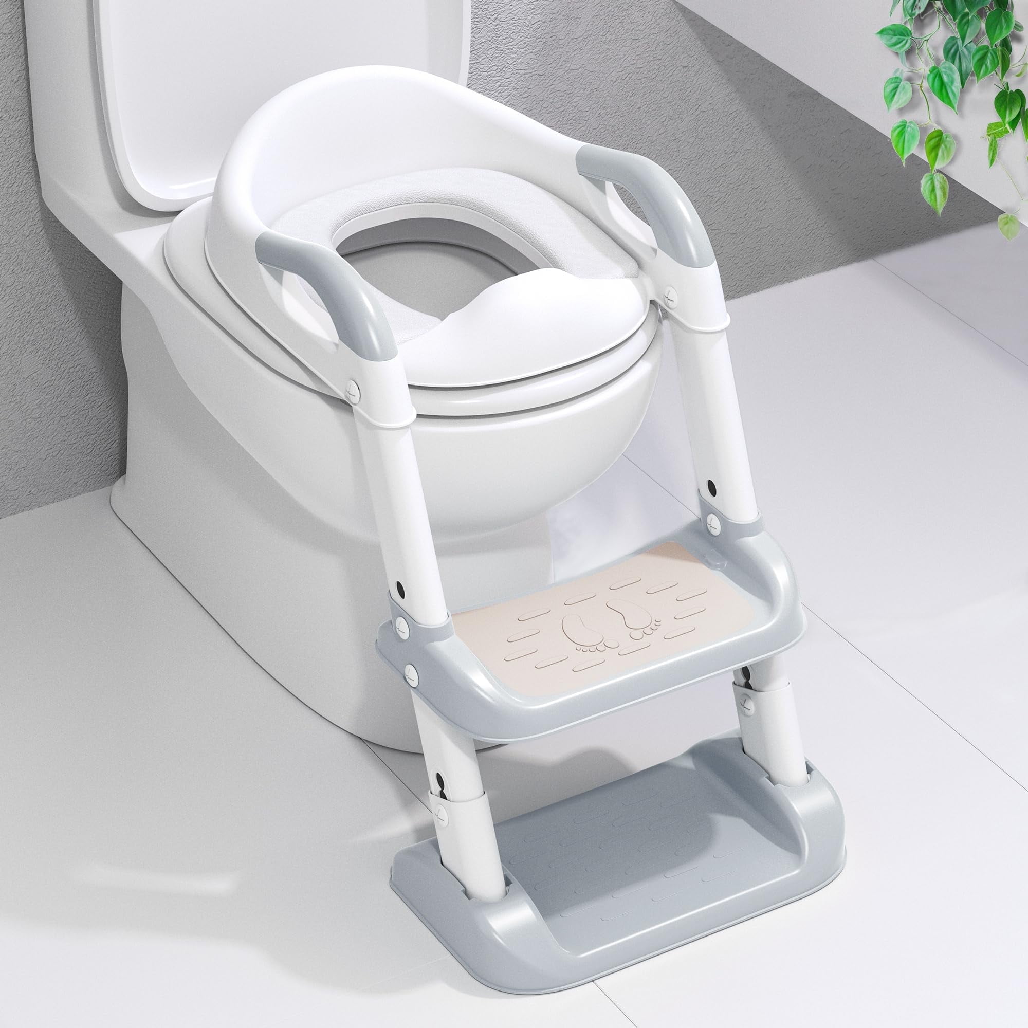 Binsuca Potty Training Toilet Seat with Step Stool Ladder, Toddlers Potty Seat for Kids Boys Girls, Anti-shake Potty Training Seat with Adhesive Pad Splash Guard and Widened Pedal, Gray