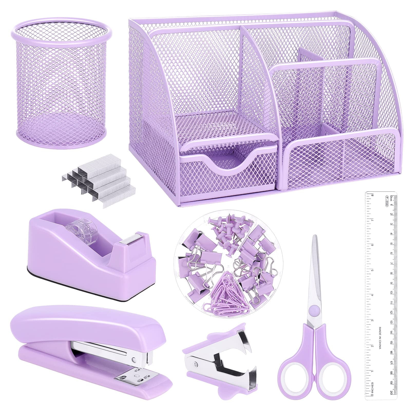 Binsuca Purple Mesh Desk Organizer Set with Stapler, Tape Dispenser