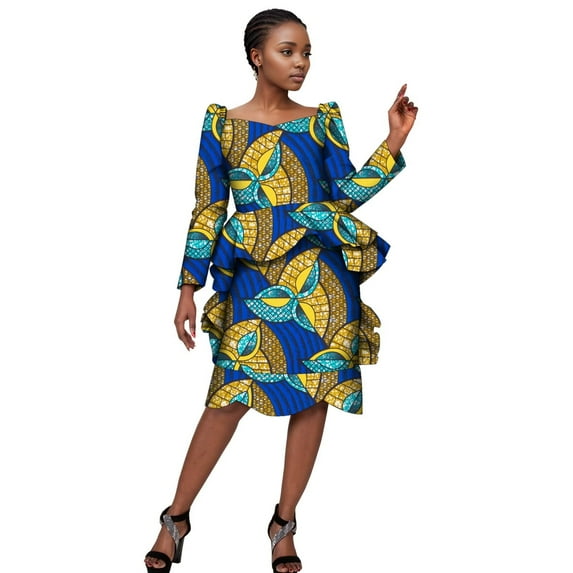 BintaRealWax African Clothing for Woman Strapless with Tail Pleated Blouse Top and Cover Knee Skirt Suits Print Lady Party Dress Medium WY10013