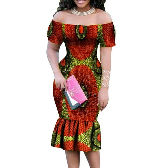 BintaRealWax African Dress for Women Off Shoulder Smocked Kente Print Long dress