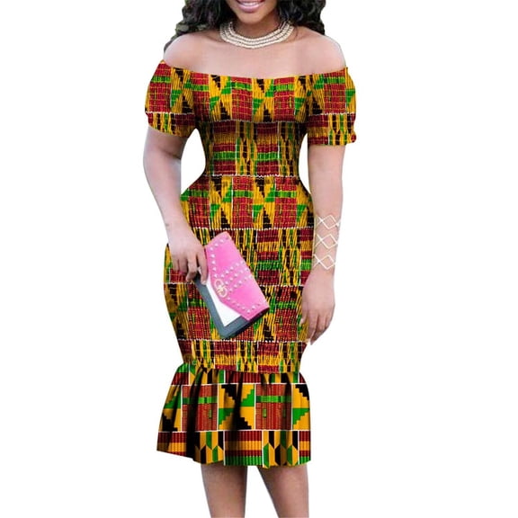 BintaRealWax African Dress for Women Off Shoulder Smocked Kente Print Long dress