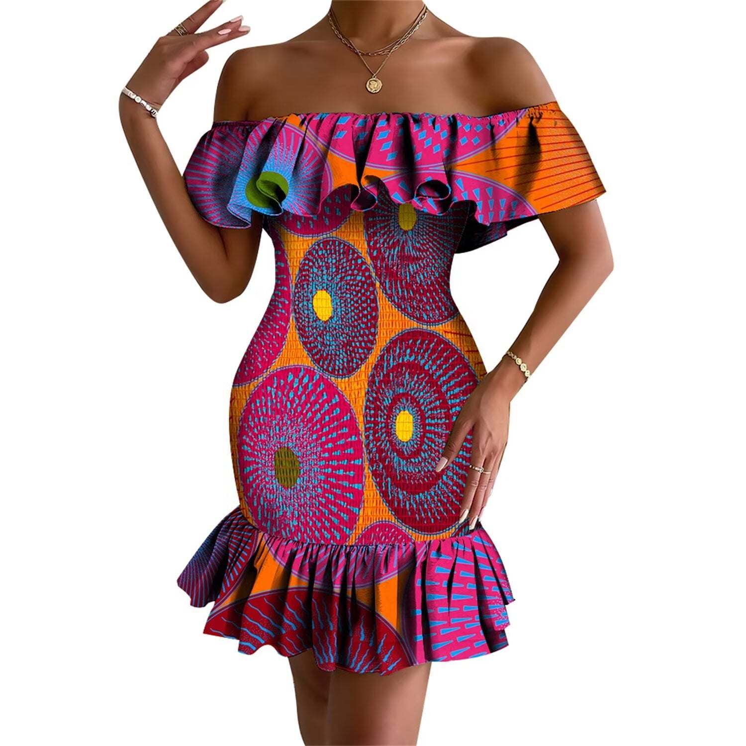 bodycon african dress BintaRealWax for Women Summer Off Shoulder Ruffle Sexy Mini Party Club Ankara Smocked Dress Kylie Jenner Turns 21 3=handle1=6-Drawer Dresser=oakham-chest-of-6-drawers-stormy-blue Color:Floral Green Apricot rich colors