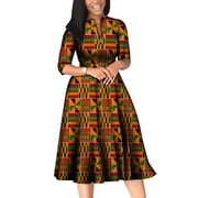 BintaRealWax African Dresses for Women Elegant V Neck Office Midi Dresses with Belt Riche Cotton Big Hem Midi Dress Africa Print Clothing batik flower cloth
