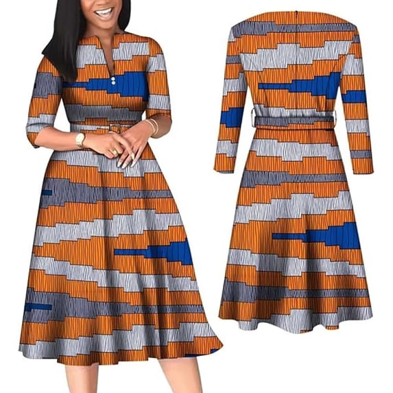 BintaRealWax African Dresses for Women Elegant V Neck Office Midi Dresses with Belt Cotton Midi Dress Africa Print Clothing