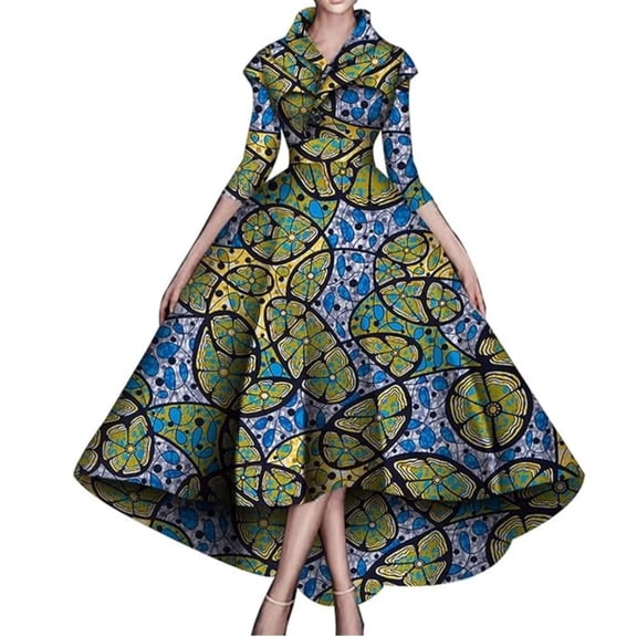 BintaRealWax African Dresses for Women A-line Floor-Length Dress Traditional Ankara Kente Print Evening Dress WY5951