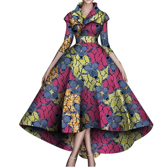 BintaRealWax African Dresses for Women A-line Floor-Length Dress Traditional Ankara Kente Print Evening Dress WY5951