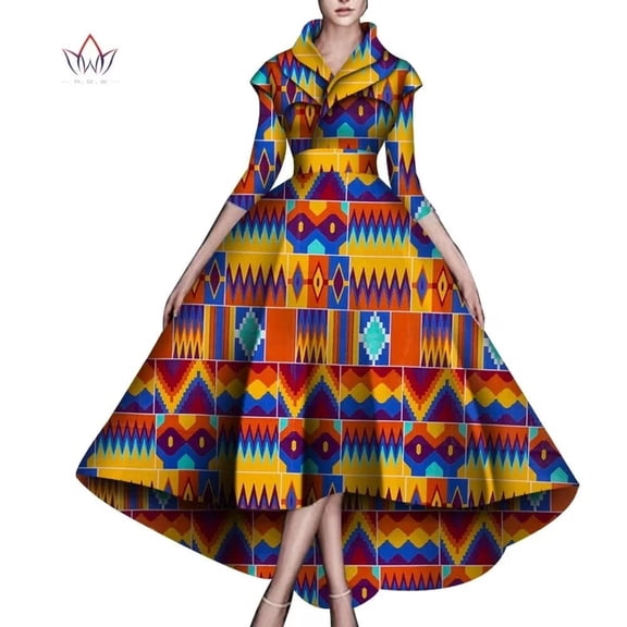 BintaRealWax African Dresses for Women A-line Floor-Length Dress Traditional Ankara Kente Print Evening Dress WY5951